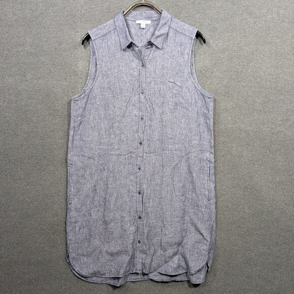 Pure Navy Dress XL 100% Linen Pockets Lagenlook Casual Beachy Shirtdress Button - Picture 1 of 13